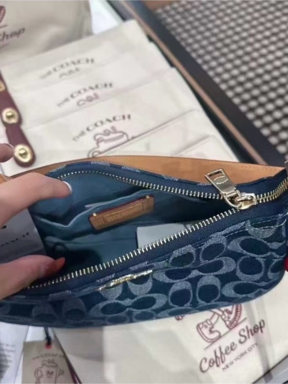 Coach Blue Denim Jacquard Mini Shoulder Bag with Tan Strap - Picture 4 of 5